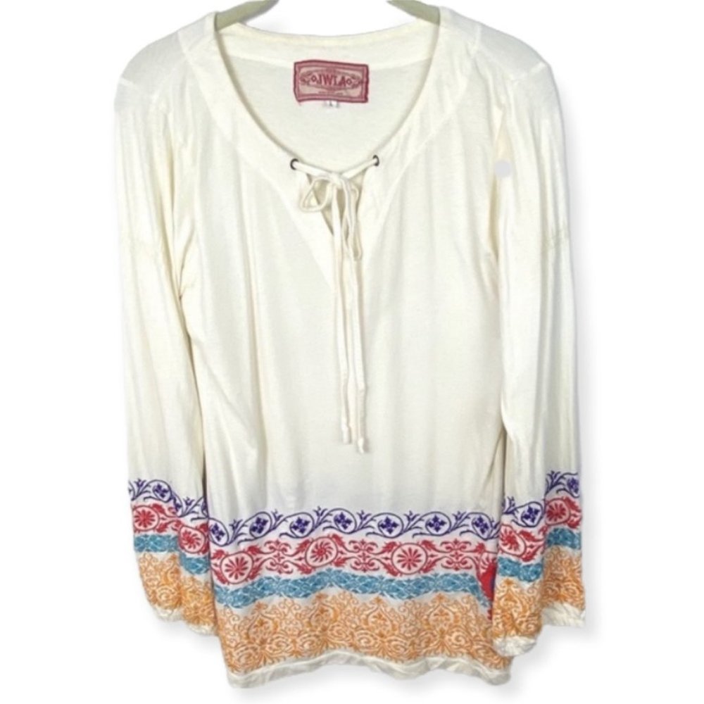 Johnny Was Long Sleeve Tie Neck Embroidered Top Size Large Floral JWLA Bohemian